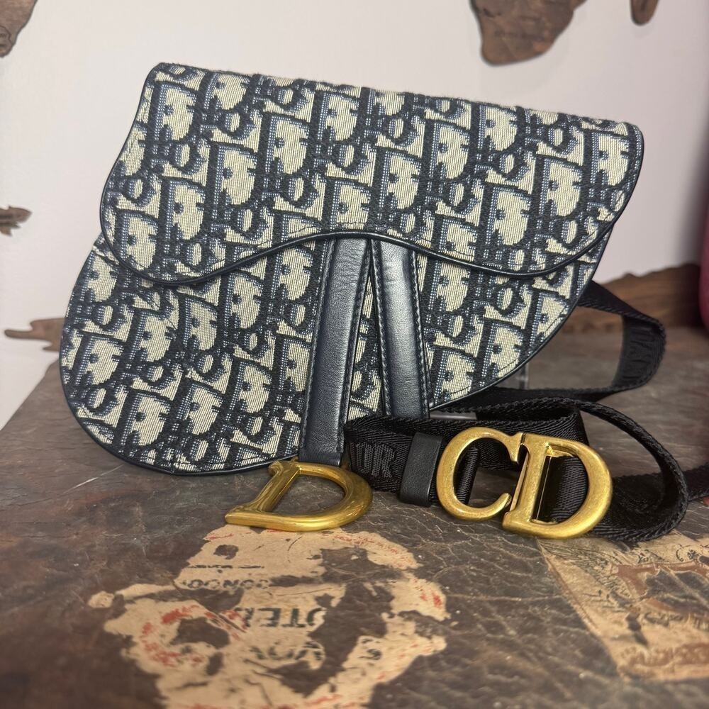 Dior Oblique Navy Trotter Saddle Belt Bag 40" Authentic CoA